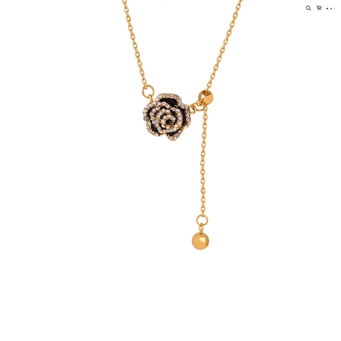 Rose Pendant Necklace Stainless Steel Micro Paved Rhinestone Enamel Adjustable Pull Chain For Women