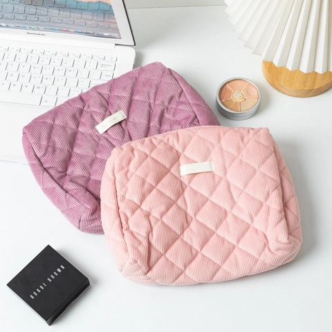 Quilted Corduroy Makeup Bag Large Capacity Solid Color Diamond Lattice Zipper Travel Cosmetic Pouch Toiletry Storage Bag
