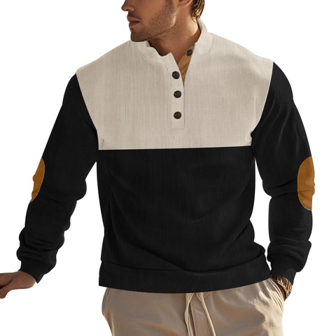 Felpa In Velluto A Coste Da Uomo Vintage Colorblock Henley Colletto Con Bottoni Manica Lunga Pullover Casual