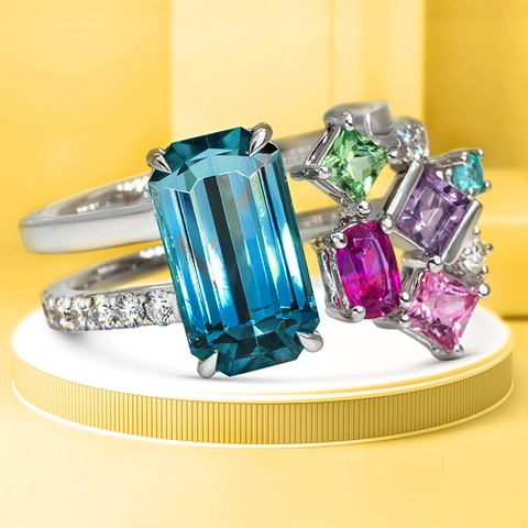 Anello Aperto in Zirconia Multicolore da Donna Colore Argento Base in Rame Pietra Blu Taglio Smeraldo Geometrico Gioielli di Moda