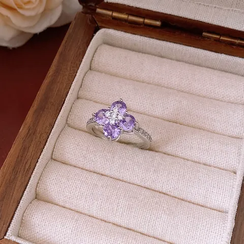 Blumen Zirkonia Ring Kupfer Mit Lila Herzförmigen Stein Verstellbarer Offener Fingerschmuck Elegantes Design Damen