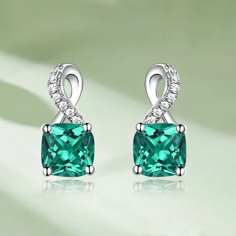 Orecchini Pendenti in Argento Sterling 925 con Nano Smeraldo e Zirconia per Donna Taglio Cushion Quadrato Gioielli