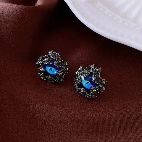 Vintage Star Stud Earrings Alloy Blue Crystal Rhinestone Inlaid Silver Earring Post Jewelry For Women