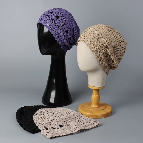 Damen Handgehäkelte Beanie Mütze Dünn Hohle Slouchy Hut Leinenmischung Atmungsaktiv Sonnenschutz Sommer Wald Stil Totenkopfkappe