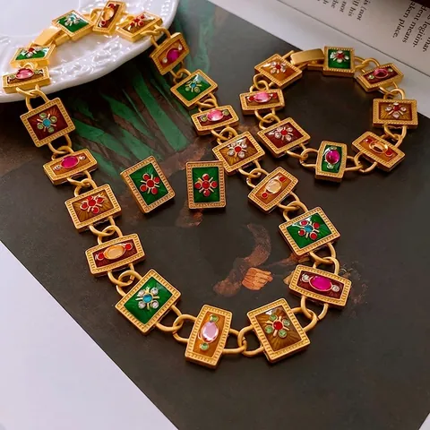 Vintage Palace Jewelry Colorful Enamel Rhinestone Necklace Bracelet Earrings Accessory Elegant Women
