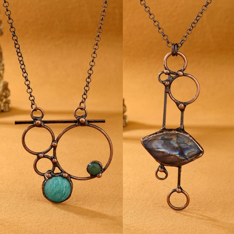 Vintage Geometric Pendant Necklace Natural Labradorite Amazonite Antique Copper Ethnic Boho Jewelry Gift For Women