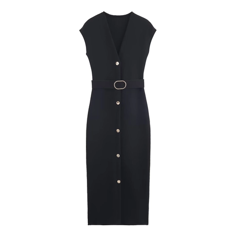 Vestido Midi Sin Mangas Con Cuello En V Para Mujer Color Sólido Elegante Poliéster Con Botones Y Cinturón Informal