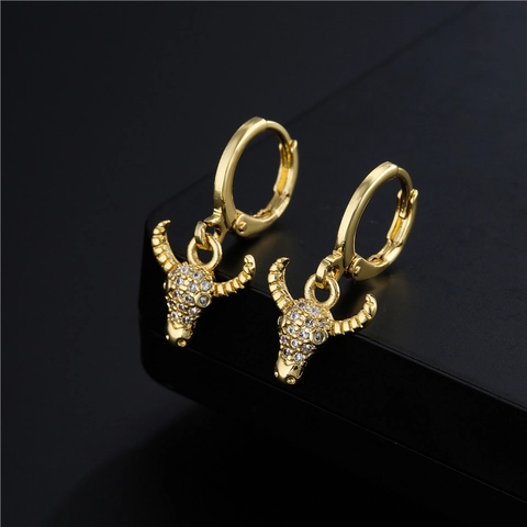 Bull Head Hanger Hoepel Oorbellen 18K Verguld Koper Micro Set Zirkonia Dier Retro Sieraden Voor Vrouwen