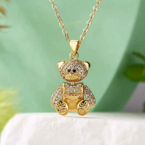 Collana Con Ciondolo A Forma Di Orsetto Rame Placcato Oro 18K Zircone Animale Carino Catena Da Clavicola Per Donne