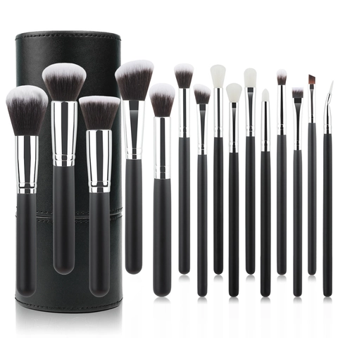 Professionelle Make-up-Pinsel Holzgriff Synthetikfaser Silberzwinge Tragbares Leder-Aufbewahrungsetui