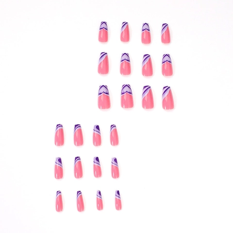 Unghie Finte Coffin Lucide Rosa Viola Cuore Motivo Onde Stile Francese Unghie Artificiali Manicure Per Donne