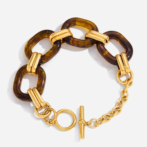 Vintage Stainless Steel Gold Plated Amber Resin Link Bracelet For Women Retro Light Luxury Toggle Clasp Chain Jewelry