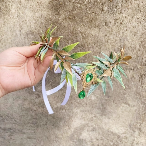 Cerchietto Fiori Foglie Foresta Verde Oro Tessuto Pendente Strass Nastro Matrimonio Bohemien Accessorio Capelli Fata