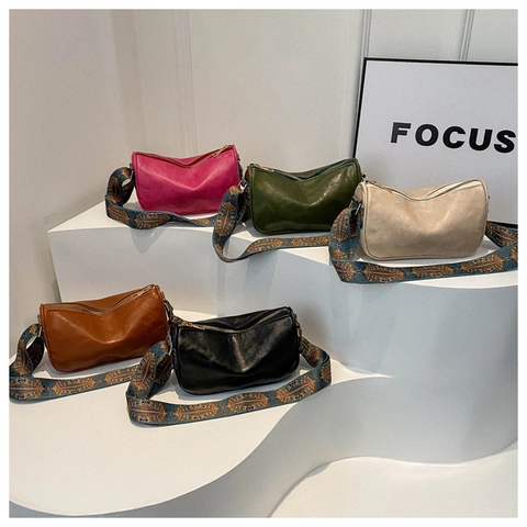 Bolso de Hombro Vintage de Cuero PU para Mujer Forma Almohada Con Correa Ancha Patrón Geométrico Bohemio Bolso Bandolera Pequeño