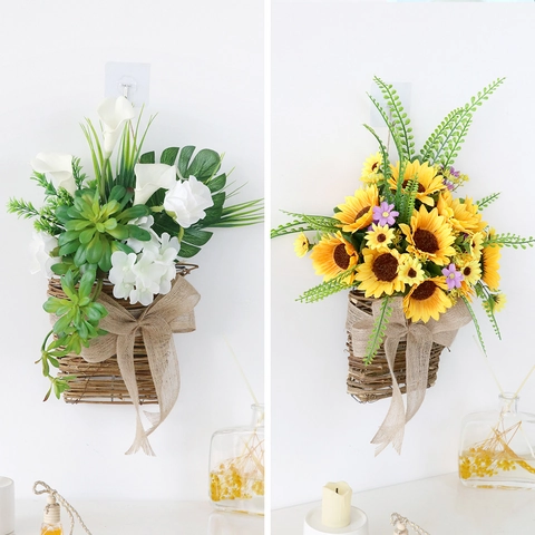 Cesto Di Fiori Appeso Artificiale Girasole Succulente Vimini Intrecciato Con Fiocco Di Iuta Arredamento Parete Rustico