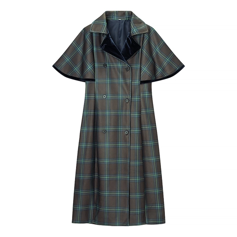 Dames Geruite Cape Jas Lange Wollen Jas Met Fluwelen Kraag Dubbele Rij Knopen Britse Retro Stijl Bovenkleding