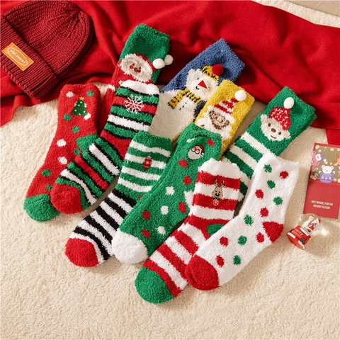 Christmas Socks Coral Fleece Thermal Warm Thick Fuzzy Winter Sleep Socks Festive Cartoon Santa Elk Snowman For Women Kids