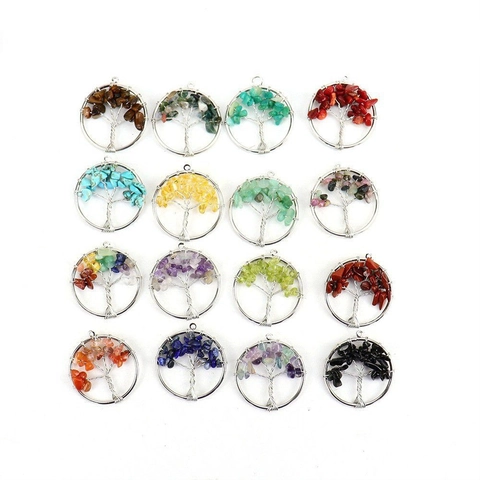 Tree Of Life Pendant Necklace Natural Crushed Stone Crystal Handmade Alloy Wire Wrapped Round Healing Jewelry For Women
