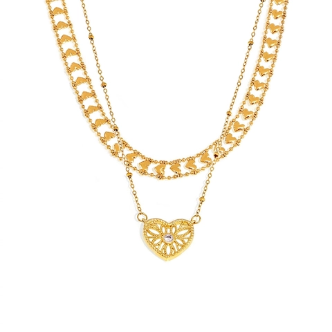 Collar de Corazón de Cobre de Doble Capa Retro para Mujer Bañado en Oro Calado con Colgante de Strass Joyería Dulce de Moda