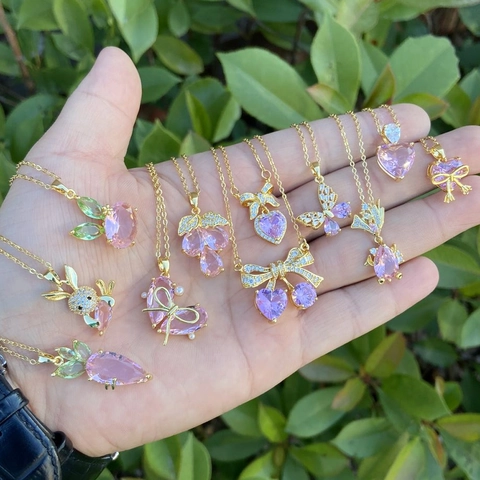 Copper Gold Plated Necklace For Women Girls With Pink Cubic Zirconia Butterfly Heart Flower Bowknot Pendant Sweet Jewelry