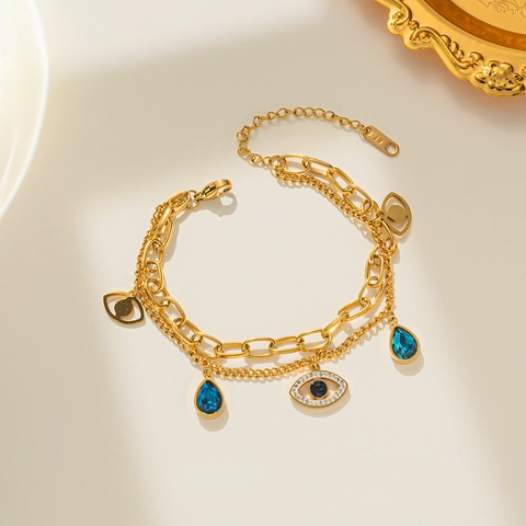 Evil Eye Double Layer Bracelet Stainless Steel Blue Rhinestone Teardrop Charm Elegant Jewelry For Women Korean Ins Style