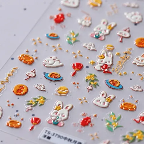 5D Relief Nail Stickers Embossed Mid-Autumn Festival Moon Rabbit Lantern Mooncake Self Adhesive Nail Art Decorations