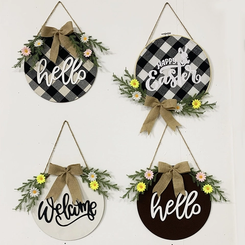 Welcome Hello Happy Easter Wooden Door Sign Wreath Artificial Greenery Burlap Bow Farmhouse Front Door Wall Decor