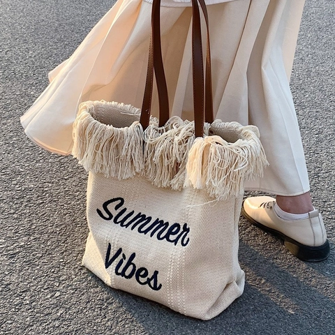 Women Canvas Tote Bag With Fringe Summer Vibes Embroidery Large Capacity Beach Shoulder Bag Faux Leather Handle Casual