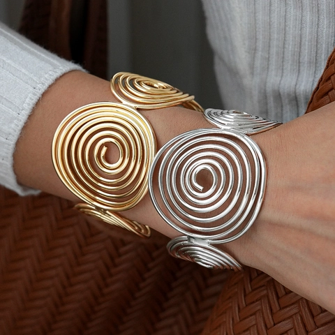 Bracciale Rigido Aperto Spirale Vortice Geometrico Lega Metallo Lucidato Gioiello Dichiarazione Esagerata Donne