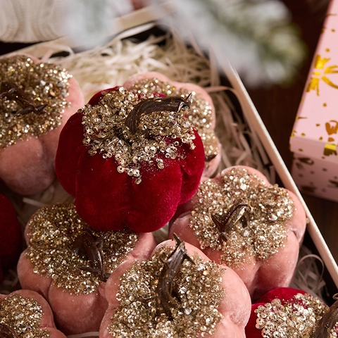 Samt Kürbis Ornament Pailletten Glitzer Dekoration Schreibtisch Akzent Festliche Weihnachten Erntedankfest Eleganter Foto Requisit