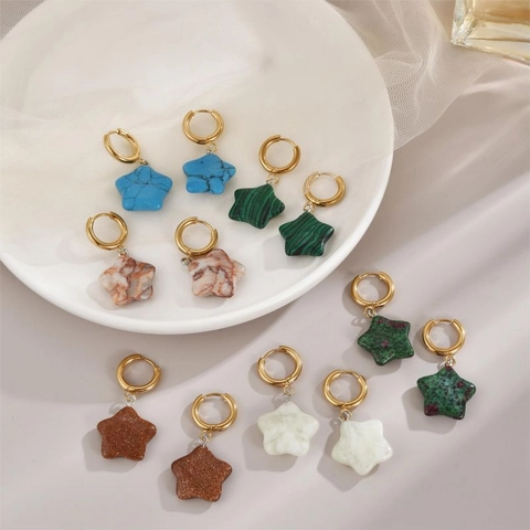 Copper Star Stone Pendant Hoop Earrings French Vintage Necklace Star-shaped Artificial Stone Jewelry For Women Daily Dating Gift