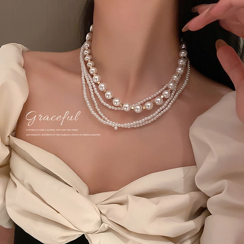 Multi-layer Artificial Pearl Necklace Elegant White Faux Artificial Pearl With Gold Alloy Spacer Beads Clavicle Chain Retro Fashion Jewelry For Women