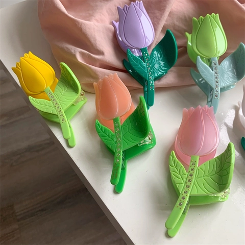 Pince à Cheveux Élégante en Acétate Tulipe pour Femmes Incrustée de Strass Pince Crabe Fleur Accessoires Cheveux Longs