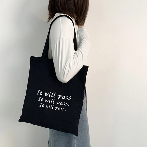It Will Pass Letterprint Canvas Tote Bag Grote Capaciteit Schoudertas Met Rits Casual Handtas