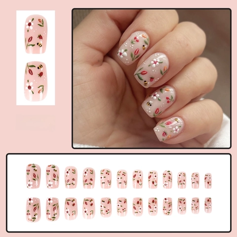 Faux Ongles Press On Court Carré Brillant Douce Fleur Abeille Fraise Motifs Manucure Pour Femmes