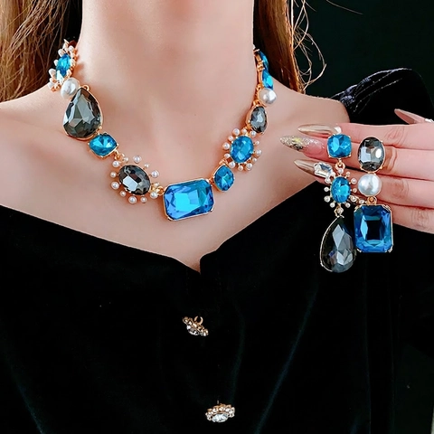 Vintage Baroque Jewelry Necklace And Earrings Alloy Blue Rhinestone Imitation Artificial Pearl Silver Earring Post Luxury Women