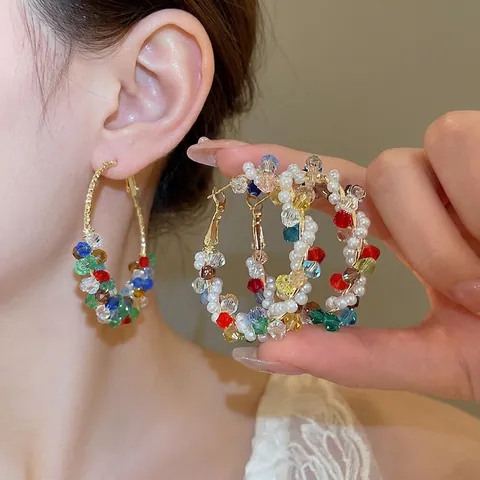 Colorful Crystal Beaded Hoop Earrings With Faux Artificial Pearls And 925 Sterling Silver Earring Post Bohemian Round Woven Jewelry
