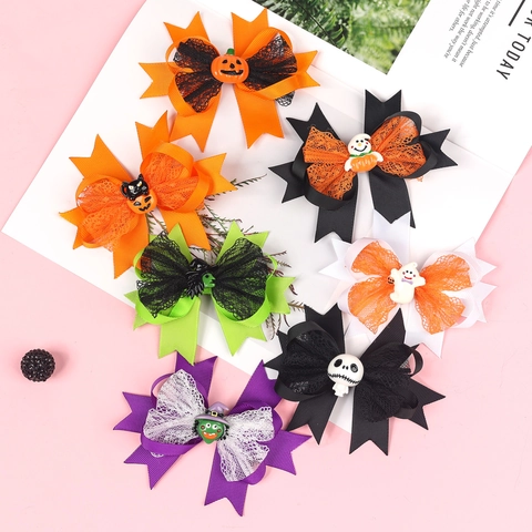 Halloween Strik Haarspeld Legering Grosgrain Lint Mesh Dubbellaags Spookachtige Pompoen Geest Heks Decor Meisjes Accessoires