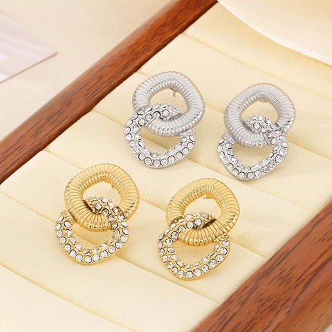 Pendientes De Botón Círculos Entrelazados Acero Inoxidable 316L Pavé Brillantes Textura Espiral Joyería Elegante Para Mujeres
