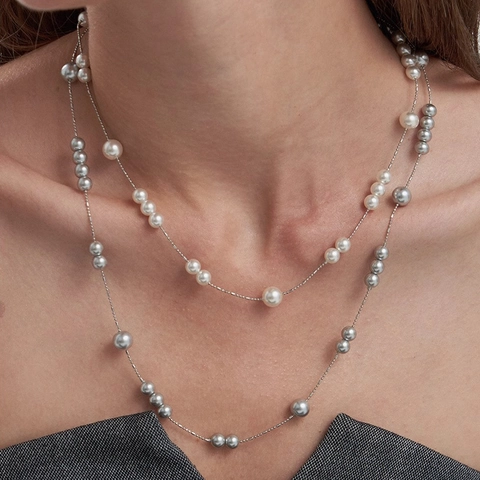 French Retro Long Adjustable Pearl Necklace For Women Elegant Light Luxury White Gold Plated Copper Chain Jewelry Gift