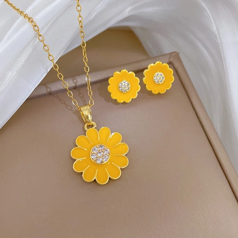 Sunflower Necklace And Earrings Jewelry Set Stainless Steel Chain Copper Rhinestone Yellow Floral For Women Elegant