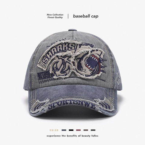 Casquette De Baseball En Coton Lavé Vintage Avec Broderie Requin Et Effet Vieilli Rétro Streetwear Chapeau Soleil Réglable