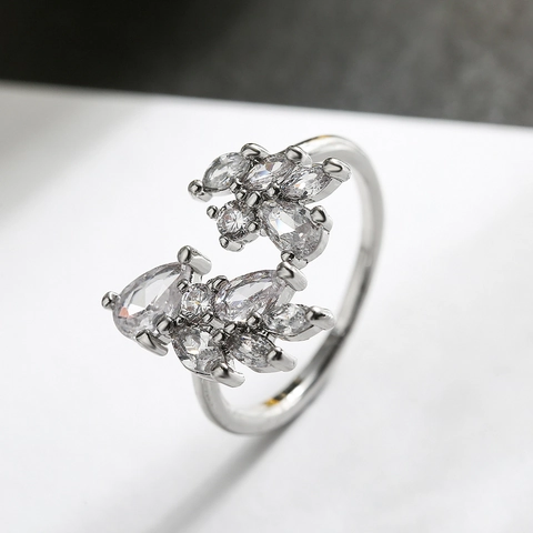 Anillo Abierto Geométrico de Cobre Circonia para Mujer Elegante Anillo Ajustable en Forma de Hoja Joyería Minimalista