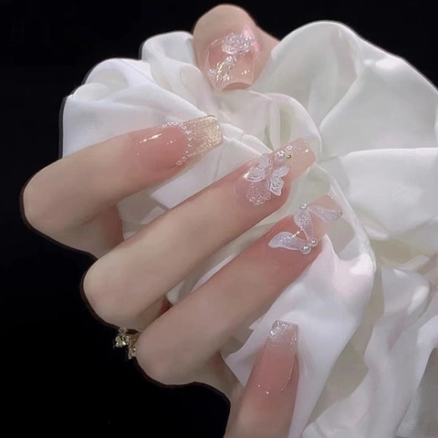 Handmade Press On Nails Long Coffin Ballerina Gradient Pink With 3D Butterfly Flower Artificial Pearl Glitter False Nails