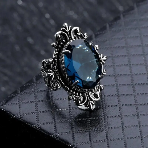 Anillo In Lega Finitura Argento Antico Grande Pietra Di Vetro Blu Ovale Gioielli Dichiarazione Filigrana Per Donne