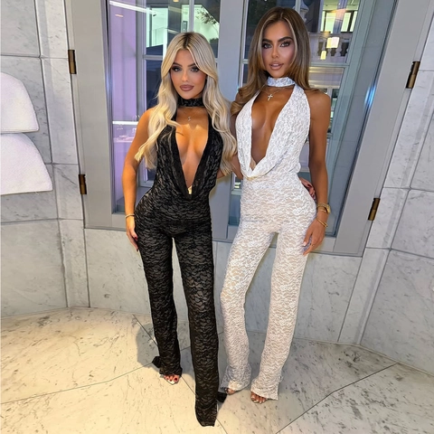 Sexueller Neckholder Spitze Jumpsuit Tiefer V Ausschnitt Rückenfrei Ärmellos Schlanke Passform Lange Hose Elegant