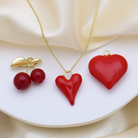Rote Emaille Kirsch Herz Anhänger Halskette Kupfer Gold Beschichtete Kette Eleganter Schmuck Für Frauen Mädchen Mode