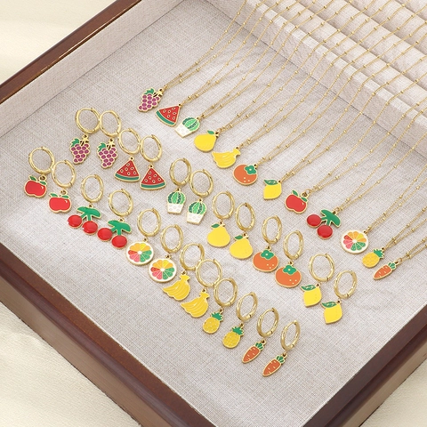 Fruit Pendant Necklace And Earrings Jewelry Stainless Steel Enamel Watermelon Cherry Lemon For Women Fashion
