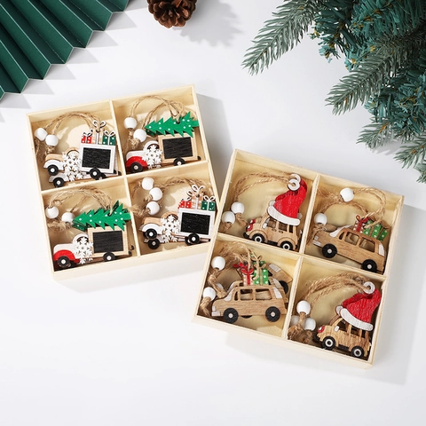 Wooden Christmas Tree Hanging Ornaments Cartoon Car Pendants Festival Party Home Decor Holiday Gifts Rustic Craft