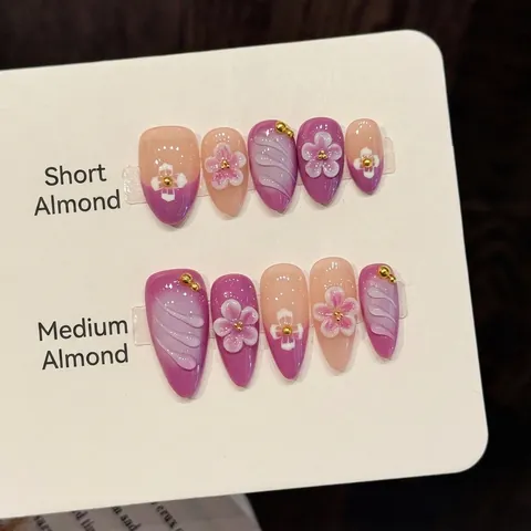 Unghie Finte Fatte A Mano Rilievo Fiori 3D Sfumatura Viola Elegante Mandorla Stiletto Per Donne
